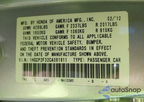 2012 Honda Accord 2.4 Lx from USA, damaged, VIN 1HGCP2F32CA091911